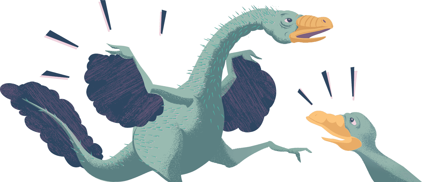 a dinosaur shows off its feathers to another dinosaur