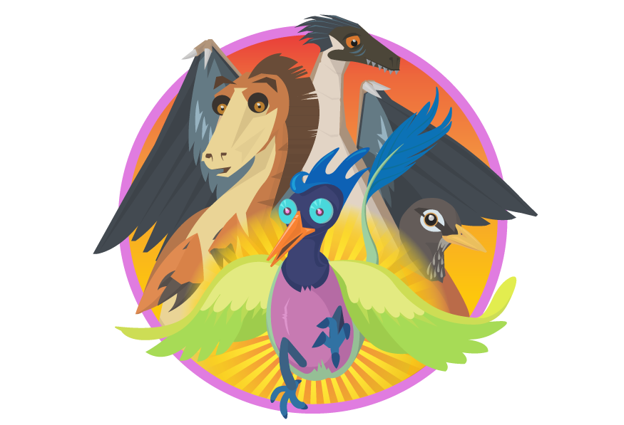 Flap to the Future Tawa, Microraptor, Robin, and Future Bird characters