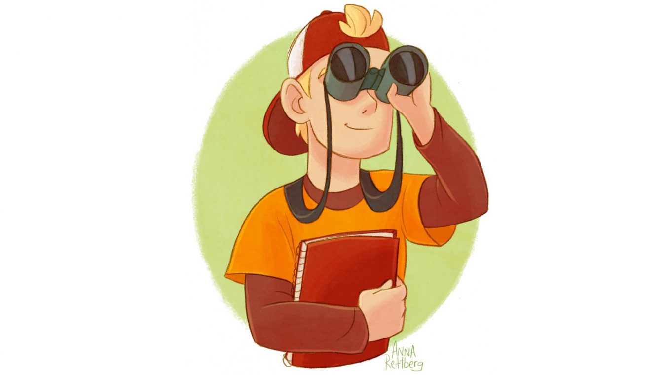 Boy with binoculars and notebook