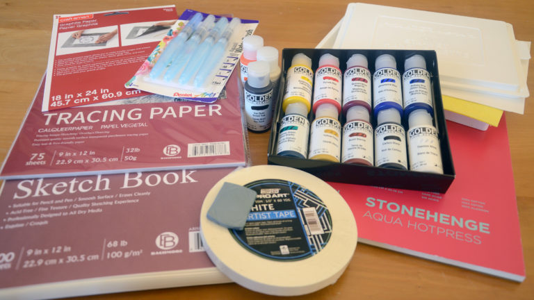 pads of artist paper, tape, eraser, paints, palette, brushes